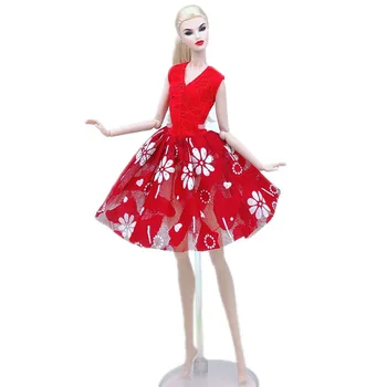 1/6 Bebek Kıyafeti Barbie Elbise Kırmızı Çiçek V Yaka Elbiseler Barbie Elbise Parti Balo 11.5 