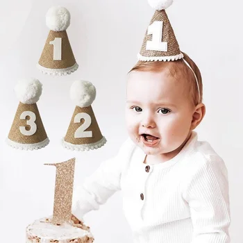 1 adet Çuval Bezi doğum günü şapkası Kafa bandı Bebek 1 2 3 4 5 6 7 8 9 Yıl Erkek Kız Yenidoğan Bebek Mutlu doğum Günü Partisi Süslemeleri Çocuklar Hediye