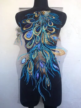 1 adet İşlemeli Mavi Sequins Tavuskuşu Tüyü Aplike Yamalar Dikmek Dantel Trim Kadınlar için Elbise Elbise Dekor DIY Aksesuarları