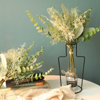 1 Şube Yapay Okaliptüs Çim ve Yapraklar Karışık Paket Çiçek Düzenleme Malzemeleri Ev Oturma Odası Dekor için Sahte Bitkiler
