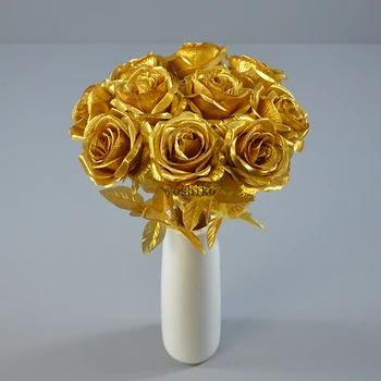 10 adet 50cm Altın Gül yapay çiçek Tek Şube Çiçek Ev Dekor Düğün Noel Partisi Simülasyon İpek Çiçekler