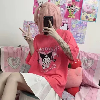 100% T Gömlek Pamuk Sanrio Kuromi Sevimli Çizgi Film Kadın Gevşek Kadın Eğlence Moda Elbise Kız Doğum Günü Hediye Toptan 