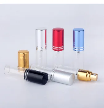 100 adet / grup 5ml Şeffaf İnce Cam Sprey Şişesi Örnek Cam Şişeler Taşınabilir Mini Parfüm Atomizer Altın Gümüş Kap