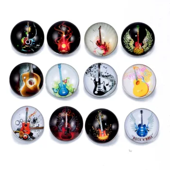 12 adet / grup Serin Müzik Gitar Desen Charms 18mm Cam Snap Düğmesi DIY Charms Bilezik İçin 18mm Snaps Takı KZ0189