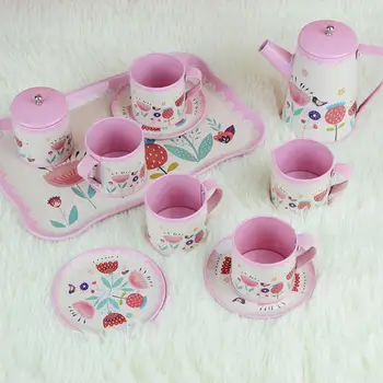12 adet/takım çay bardağı Oyuncak Teneke Çay Oyuncak İngiliz Tarzı Çiçek Baskı Taşınabilir Oyna Pretend Öğleden Sonra çay seti Çocuk için