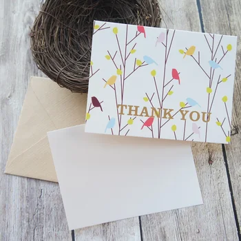 12 takım altın Kelime tema bahar orman kuş teşekkür Kartı mesaj kartları tebrik kartı düğün Davetiyesi zarf ile