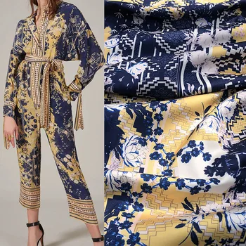 145cm Genişlik Geometrik Kafes Mavi Çiçek Baskılı Taklit İpek Saten Kumaş Kadınlar İçin Elbise Bluz Pantolon DIY Kumaş Dikiş