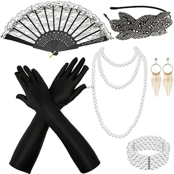 1920er Flapper Kostüm Zubehör Inklusive Perlen Blatt Flapper Stirnband Ohrringe, Perle Halskette, Armband, Fächer Flapper Set