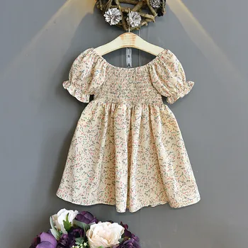 2-6 Yıl Yüksek Kaliteli kız çocuk yaz elbisesi 2021 Yeni Çiçek Pamuk Düz Dökümlü Dantelli Çocuk Çocuk Giyim Kız Prenses Elbiseler