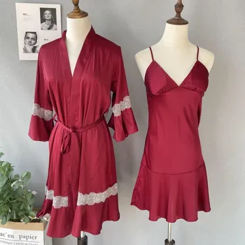 2 ADET Set Seksi Elbise ve Gecelik Takım Elbise Saten İpek Pijama Kadınlar İçin Dantel Patchwork Samimi İç Çamaşırı Yumuşak Ev Giysileri Gecelik