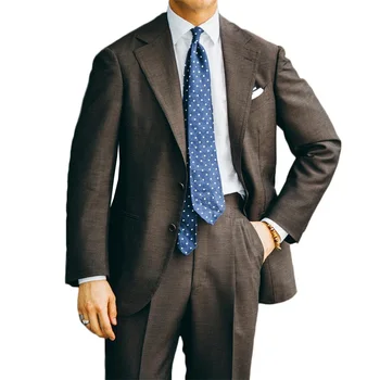 2 Parça Erkek Takım Elbise Yeni Kahverengi Pamuk Yüksek Kaliteli Resmi Düğün Smokin Özelleştirilmiş Fit Yaka Ceket + Pantolon + Yelek