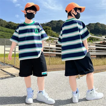2 adet Yaz Erkek Bebek Giysileri Çocuklar Kısa Kollu Giyim Seti T-shirt Toddler pamuklu üst giyim + Kısa Takım Elbise Erkek Eşofman Kıyafetler 5-14 Y
