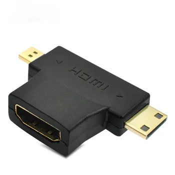 2 İn 1 HDMI uyumlu MicroHDMI Erkek MiniHDMI Erkek 1.4 Dişi Kablo Adaptörü T Şekli Dönüştürücü HDTV 1080P Kabloları
