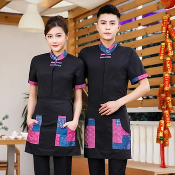 2018 Toptan Catering Restoran Garson Kısa Kollu Üniforma + Önlük Seti Yeni Yaz Retro Çin Restoran Ucuz İş Giysisi