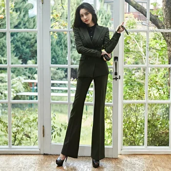 2019 Yeşil Çift Düğme Blazer ve Parlama Kollu Pantolon Kadın 2 Parça Set Artı Boyutu Kış OL Çalışma Ofisi Bayanlar Iki Parçalı Set