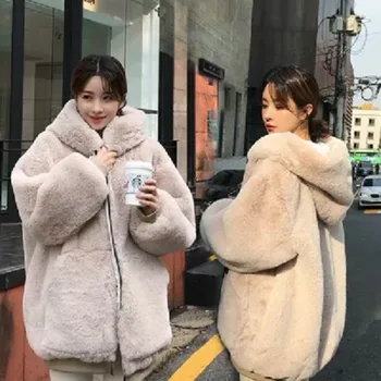2019 Yüksek Kaliteli Taklit Kürk Ceket Kore versiyonu gevşek sonbahar kış kalın taklit tavşan kürk kapüşonlu ceket kadın