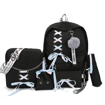 2019 Zincir Tuval kadın kitap çantası sırt çantası 5 adet / takım okul çantası okul çantası seyahat paketi moda Püskül kadın genç gençler kız