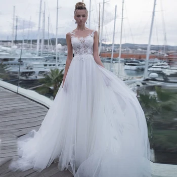 2020 A-Line tüllü gelinlik Illusion Dantel Kolsuz Custom Made gelinlikler vestido de casamento