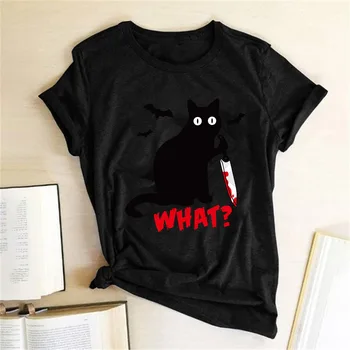 2020 Siyah Kedi baskı t-shirt Kadın Komik t shirt Kısa Kollu O-Boyun Tees Tops Femme Camisetas Verano Mujer