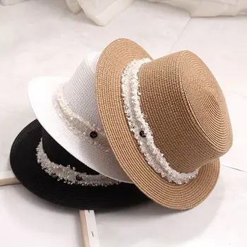 2020 Yaz Kadın Geniş Ağız Düz Üst Hasır Şapka Moda Bayan güneş şapkaları Şapka M Standart Panama plaj şapkaları Chapéu Feminino Kapaklar