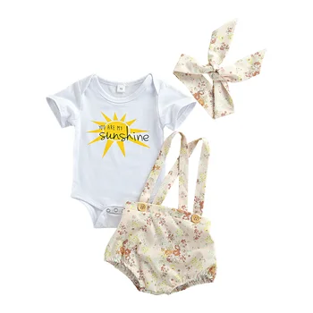 2021-03-30 Lioraitiin 3 Adet Set 0 - 18M Bebek Bebek Kız Kıyafet Güneş Harfler Kısa Kollu Romper Çiçek Baskı Askı Şort