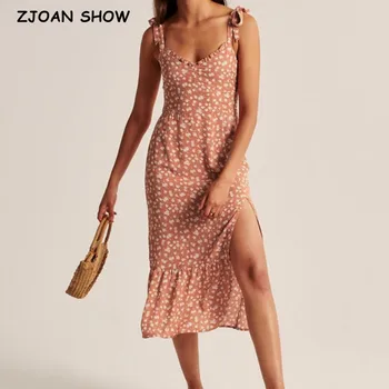 2021 Fransız Tarzı Vintage Çiçekli Baskı Elbise Kravat Yay Kayışı Kadın Elbise Seksi Dikiş Dantelli Hem Yarık Elbiseler Tatil Elbise