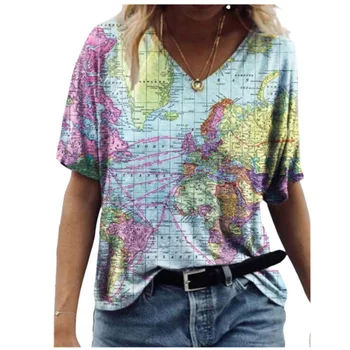 2021 Kadın Yeni Harita Baskı V Yaka kısa kollu tişört