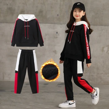 2021 Kız Elbise Sonbahar Kış Peluş Uzun Kollu Gömlek + Pantolon Takım Elbise Çocuk giyim setleri Çocuk Giysileri Genç Spor Giysileri