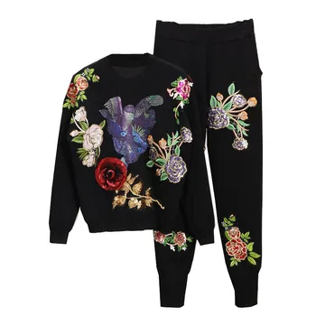 2021 Sonbahar kadın kıyafetleri Moda Payetli Nakış Çiçek Örme Kazak + Rahat pantolon Bayan İki Parçalı Kıyafetler