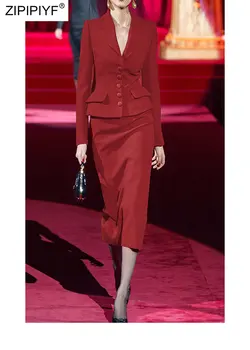 2021 Yaz Pist Moda Basit Tasarım Çentikli Boyun Uzun Kollu Tek Göğüslü Blazers Yün Yüksek Bel Kadın Takım Elbise Z217