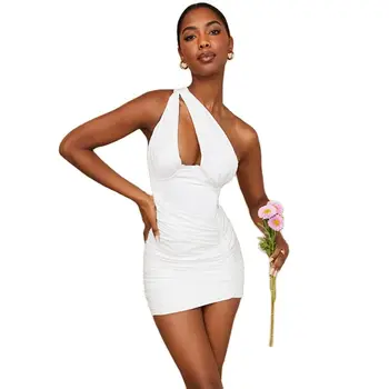 2021 Yaz Yeni Moda Çizgili Baskı Seksi Elbise Süt Pamuk Doku Beyaz Elbise Kısa Etek