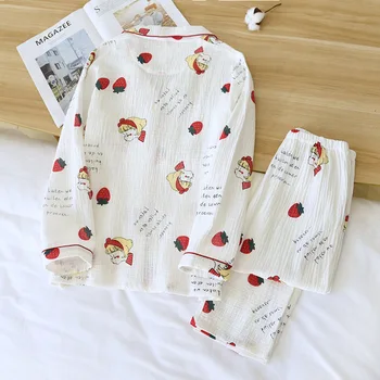 2021 Yeni Bahar ve Sonbahar Çilek Kız Pamuk Krep Kumaş Pijama Takım Elbise Karikatür Ev Hizmeti Rahat İki Parçalı Set Kawaii