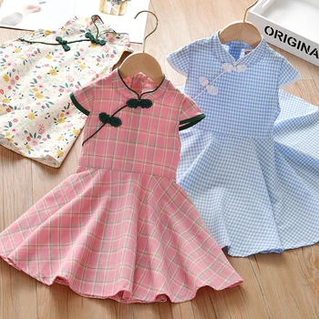 2021 yaz bebek kız vintage ekose prenses elbise çocuklar kısa kollu cheongsam elbise a-line