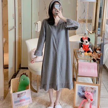 2021 İlkbahar ve Sonbahar Yeni Uzun Kollu Gecelik kadın İnce Gri Kore rahat elbise Basit Düz Renk Ev Giysileri