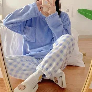 2022 Bahar Kış Moda kadın Rahat Güzel Katı Sıcak Yumuşak Pijama Gecelikler Sevimli Pijama Seti Pantolon Pazen Kazak
