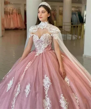 2022 Pembe Quinceanera Elbiseler Pelerin Balo Sevgiliye Dantel Boncuk Parti Prenses Tatlı 16 Tül Dantel-Up Backless Kadınlar