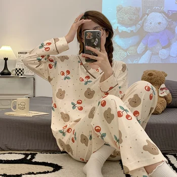 2022 Sonbahar Uzun Kollu V Yaka Pamuk Pijama Setleri Kadınlar için Kore Sevimli Pijama Takım Elbise Pijama Gecelik Pijama Mujer Ev Giysileri