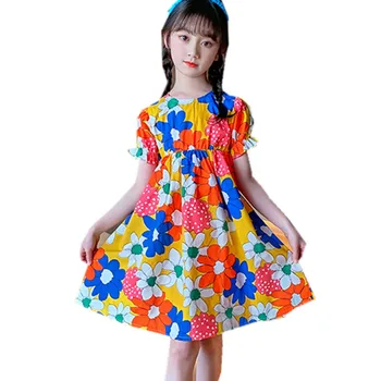 2022 Yaz Çocuk Pamuk Güneş Çiçek Elbise Kızlar İçin Yuvarlak Boyun Kısa Kollu çocuk çiçekli elbiseler Bebek Sevimli Rahat giyim