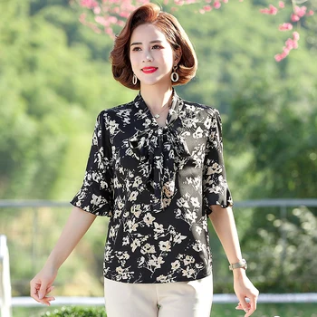 2022 Yeni Yaz Orta Yaşlı Kadınlar Mantar Kollu Moda şifon bluz Üstleri Kadın Çiçek Baskı Boyutu 5XL Gömlek