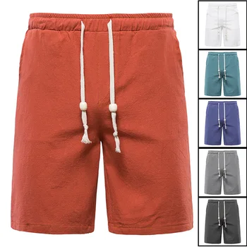 2022 Yeni erkek Pamuk Keten Şort Pantolon Erkek Yaz Nefes Düz Renk Keten Pantolon Spor Streetwear M-5XL