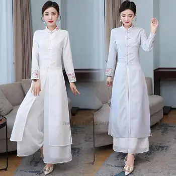 2022 çin geleneksel zen takım elbise ulusal çay servisi hanfu elbise + pantolon seti oryantal çiçek nakış akşam parti elbise