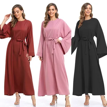 2022 İlkbahar Sonbahar Müslüman Elbise Artı Boyutu İbadet Elbise Lace Up Gevşek Eğlence Grace Rahat Etek Elbise Abayas kadınlar İçin