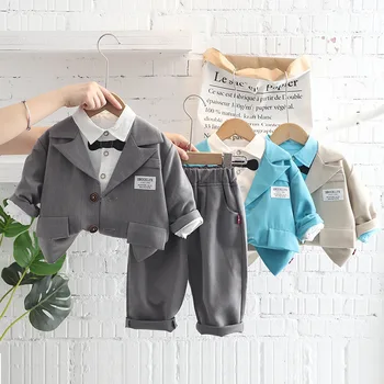 2022 İlkbahar Sonbahar Çocuk Erkek 3 ADET Giyim Seti Takım Elbise Ceket Karikatür Ayı Mektup Uzun Kollu Gömlek Pantolon Bebek Küçük Erkek Takım Elbise