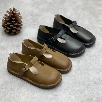 2022 İlkbahar ve Yaz Yeni El Yapımı Deri Saf İnek Derisi Düz kadın ayakkabısı Mary Jane Ayakkabı Retro Retro Kırsal Japon Tarzı