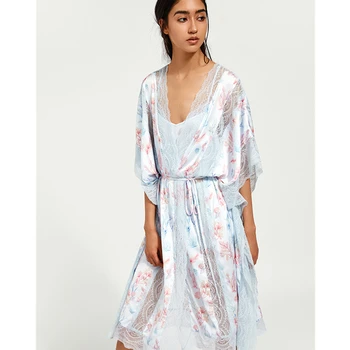 2023 Robe Elbise Seksi İpek Nighties Pijama Kimono Bayan Baskı Kıyafeti Kadınlar İçin Dantel Sabahlık Setleri Bornoz H914