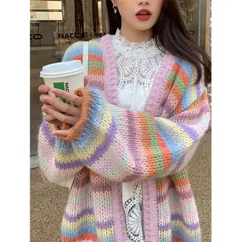 2023 Sonbahar Gökkuşağı Örme Kazak Kadınlar Kore Moda Kawaii Gevşek Hırka Kadın Rahat Gevşek Sıcak Sevimli Y2K Kazak Ceket