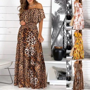 2023 Yeni Moda Leopar Elbise baskılı uzun elbise Fırfır Maxi Sundress Bohemian Kadınlar Yaz Seksi Rahat Zarif Straplez Vestidos