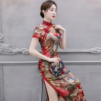 2023 yaz geliştirilmiş çin tarzı cheongsam kadın uzun günlük retro çiçek baskı uzun zarif kısa kollu qipao elbise g795