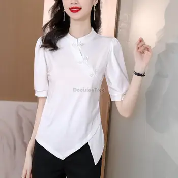 2023 çin tarzı retro düzensiz hem tasarım gömlek kadın kısa şişirilmiş kollu bluz çin moda qipao cheongsam üst g494