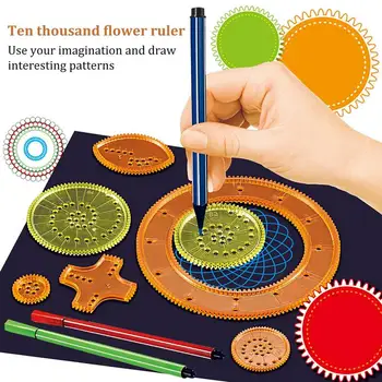 27 adet SpirographDrawing oyuncak seti Birbirine Dişliler ve Tekerlekler Geometrik Cetvel Çizim Aksesuarları Yaratıcı Eğitici Çocuk Oyuncak